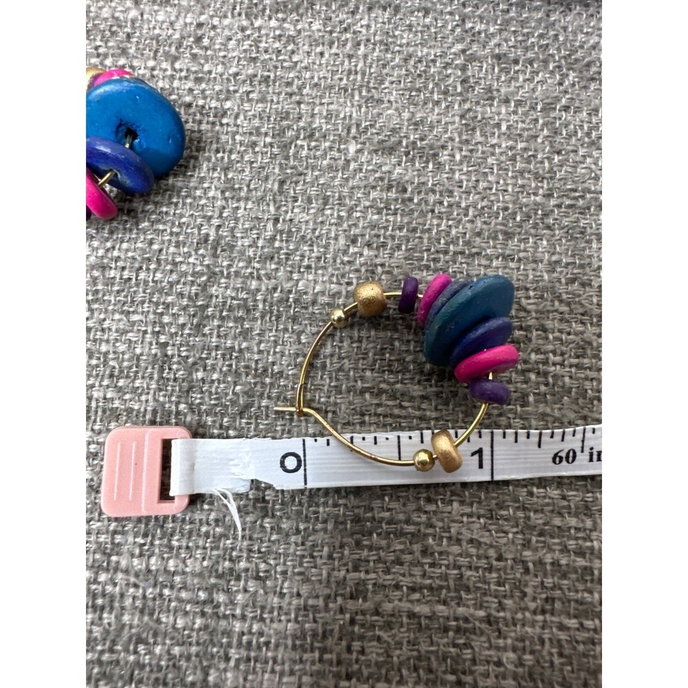 Handmade Beaded Hoop Earrings With Blue & Pink Wood Beads Gold Accents - Picture 3 of 3